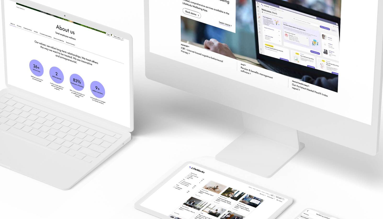 LifeWorks website on mockup screens