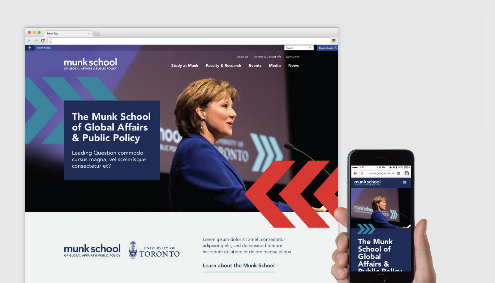 Mockups of Munk's website, showing one desktop view and one on mobile, a women is speaking at a podium with Munk chevron detailing