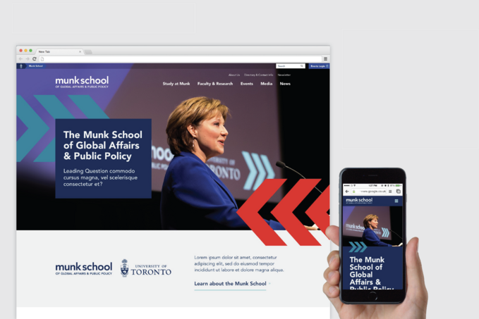 Mockups of Munk's website, showing one desktop view and one on mobile, a women is speaking at a podium with Munk chevron detailing